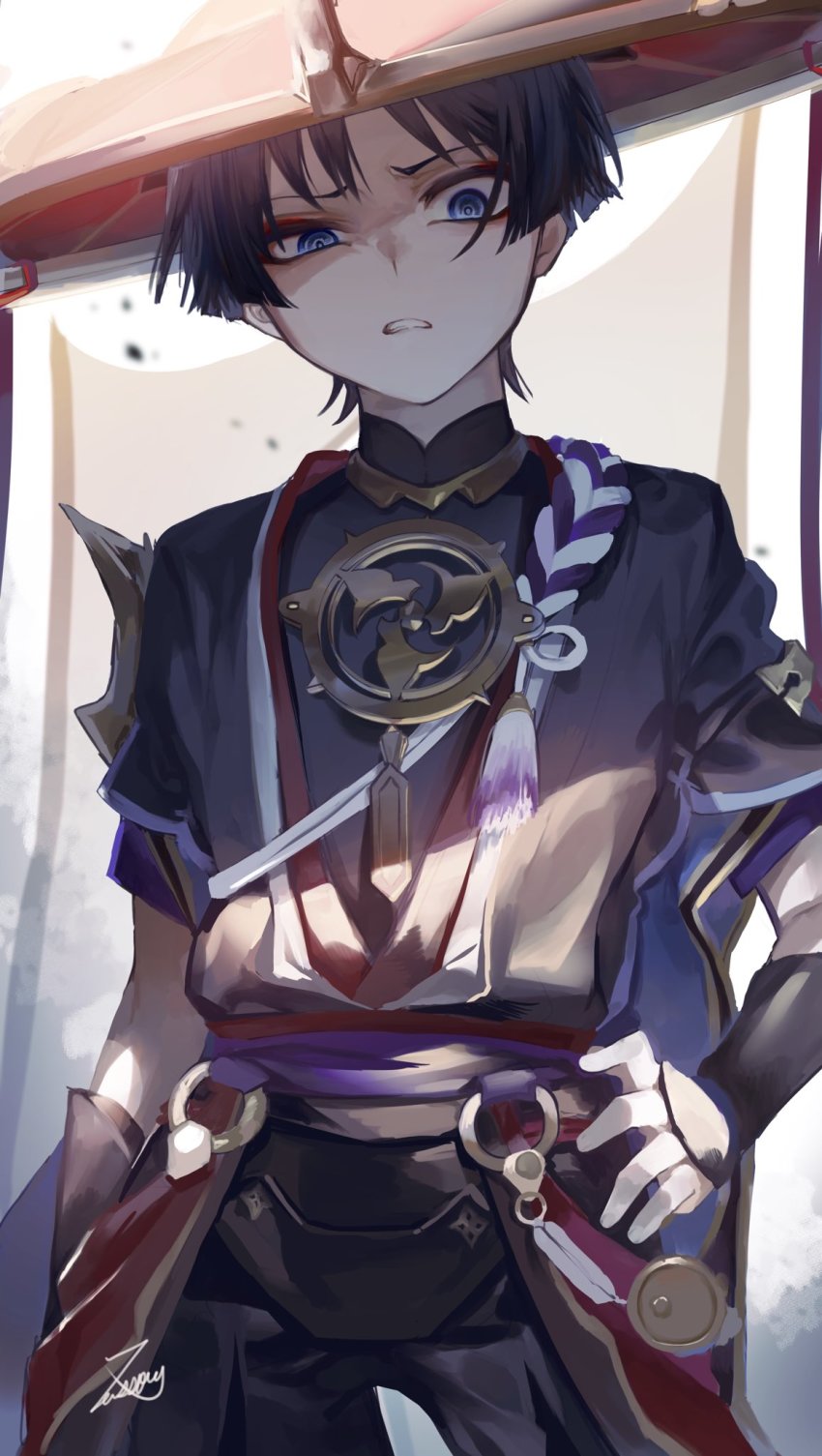 1boy, blue_eyes, blue_hair, clenched_teeth, genshin_impact, hand_on_own_hip, hat, highres