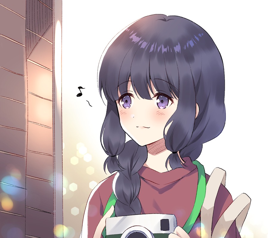 1girl, black_hair, blush, braid, brown_shirt, camera, closed_mouth, eighth_note