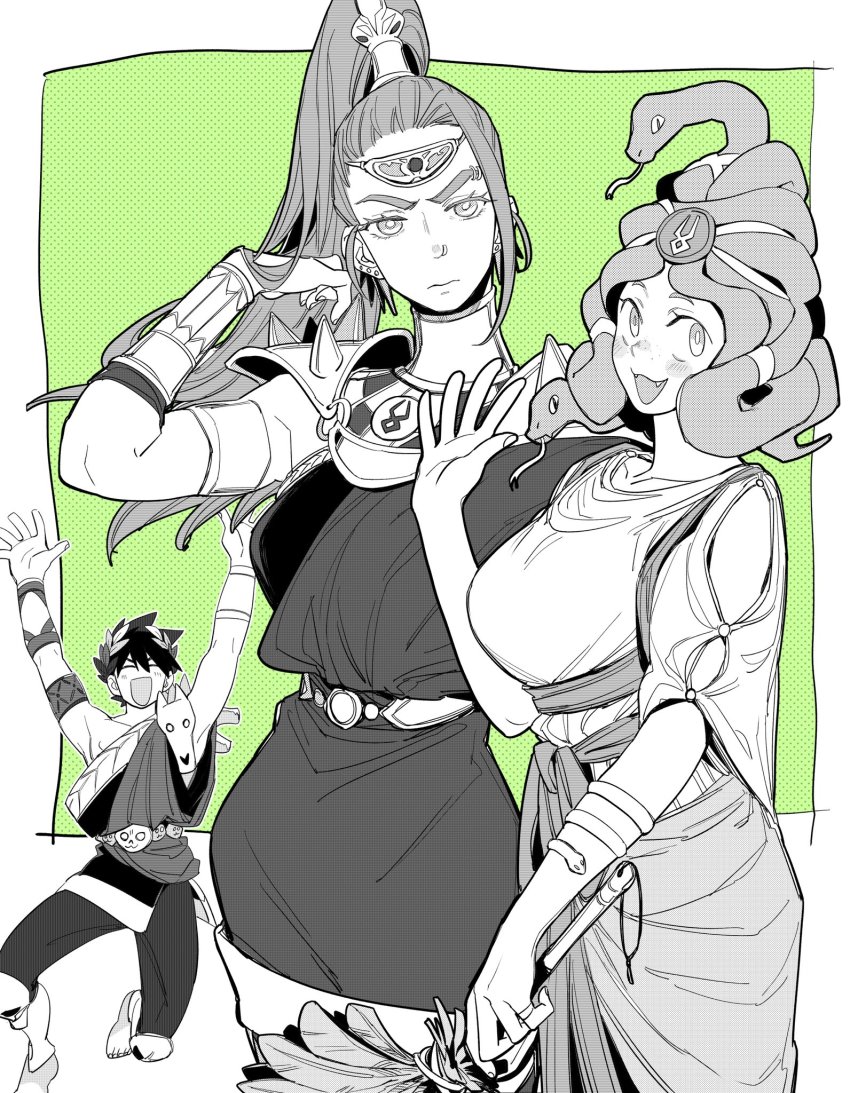 1boy, 2girls, ^_^, ancient_greek_clothes, arms_up, belt, closed_eyes, dress, dusa_(hades), duster, ear_piercing, fang, feather_duster, freckles, greco-roman_clothes, greyscale, hades_(series), hades_1, highres, humanization, laurel_crown, megaera_(hades), mochimochimochi, monochrome, multiple_girls, on_one_knee, open_mouth, piercing, ponytail, skull, smile, snake_hair, zagreus_(hades)