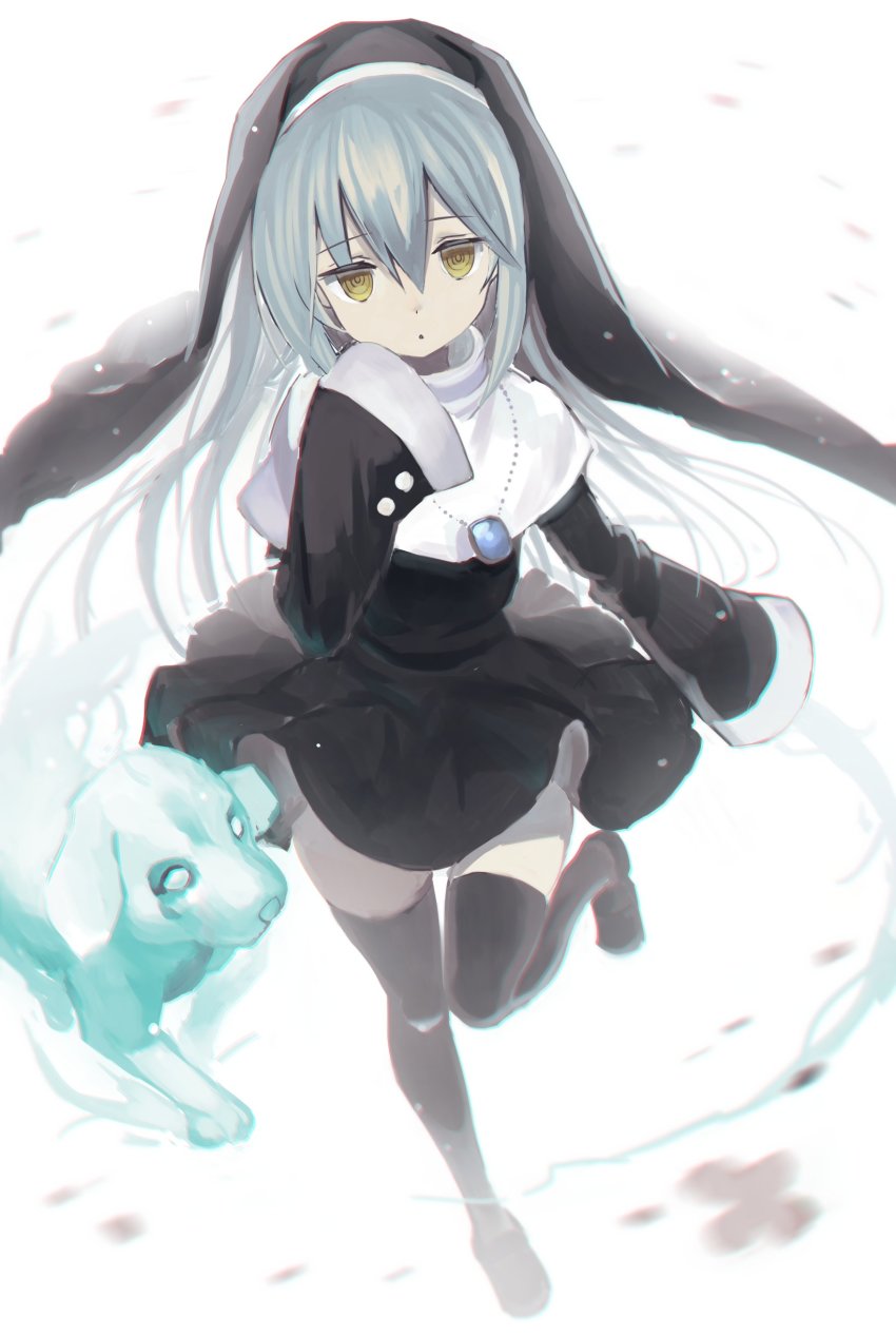 1girl, :o, absurdres, arm_up, black_dress, black_robe, black_thighhighs, blue_hair, catholic, clothes_lift, cross, cross_necklace, dog, dress, dress_lift, expressionless, ghost_sister_&amp;_spooky_dogwood, greatmosu, habit, highres, jewelry, leg_up, long_hair, long_sleeves, necklace, nun, nun_headdress, ringed_eyes, robe, simple_background, sleeves_past_wrists, solo, thighhighs, white_background, wind, wind_lift, yellow_eyes, yu-gi-oh!