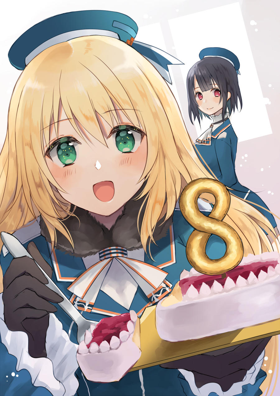 2girls, atago_(kancolle), beret, black_gloves, black_hair, blonde_hair, blue_headwear, breasts