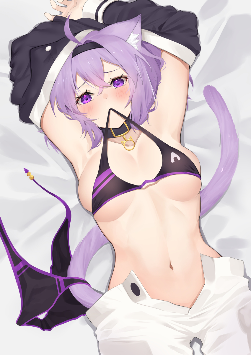 1girl, absurdres, ahoge, animal_ears, armpits, arms_up, bed_sheet, bikini, unworn_bikini_bottom, black_bikini, black_hairband, blush, breasts, breasts_apart, cat_ears, cat_girl, cat_tail, collar, commentary_request, hairband, highres, hololive, large_breasts, long_sleeves, looking_at_viewer, lying, mouth_hold, navel, nekomata_okayu, nekomata_okayu_(school_uniform), on_back, on_bed, open_fly, open_pants, pants, purple_eyes, purple_hair, short_hair, skindentation, stomach, swimsuit, tail, unbuttoned, underboob, untied_bikini, virtual_youtuber, white_pants, yuya_(yuya_illust)