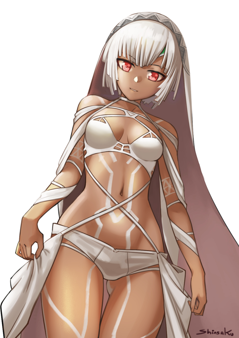 1girl, altera_(fate), altera_(lostroom_outfit)_(fate), bare_shoulders, bikini, breasts, collarbone, dark-skinned_female