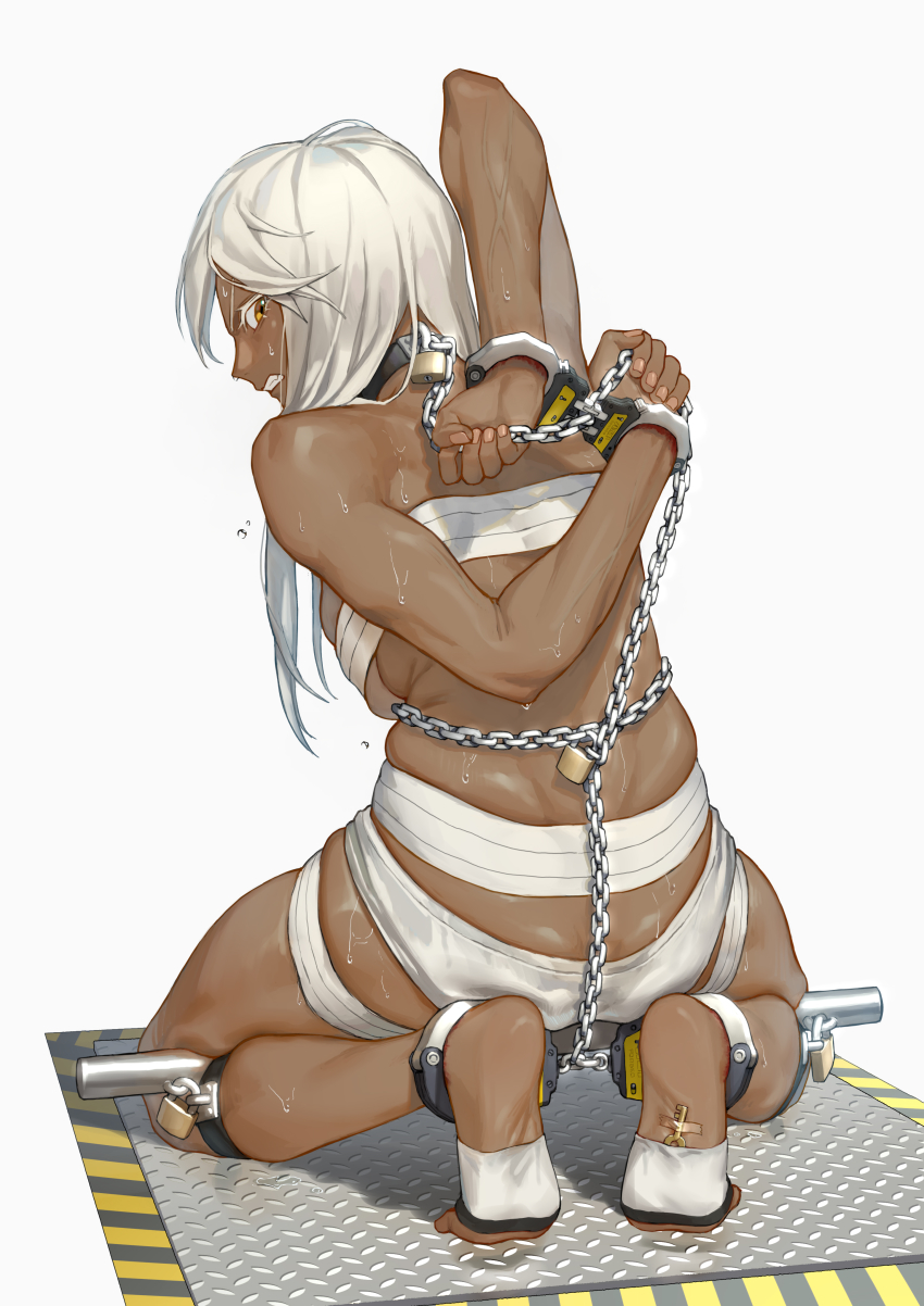1girl, absurdres, barefoot, bdsm, bondage, bound, chain, chained, chinese_commentary, cuffs, dark-skinned_female, dark_skin, feet, guilty_gear, guilty_gear_xrd, handcuffs, highres, long_hair, looking_at_viewer, looking_back, no_bra, orange_eyes, platinum_blonde_hair, ramlethal_valentine, restrained, second-party_source, shackles, stationary_restraints, tan, white_hair, youzu_(youzuyozu)