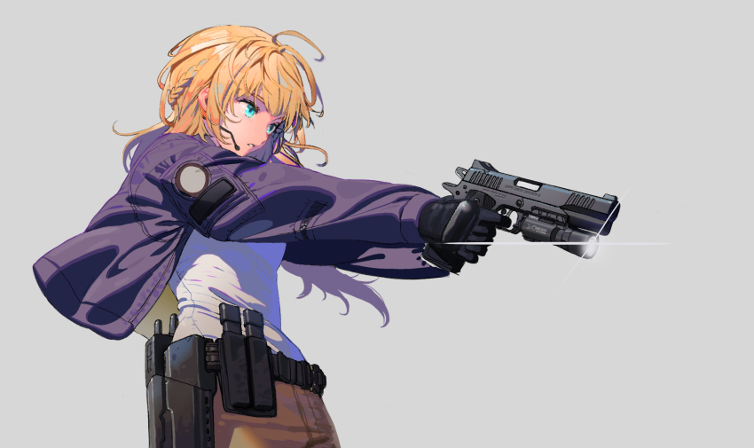 1girl, aiming, belt, black_gloves, blonde_hair, blue_eyes, braid, breasts
