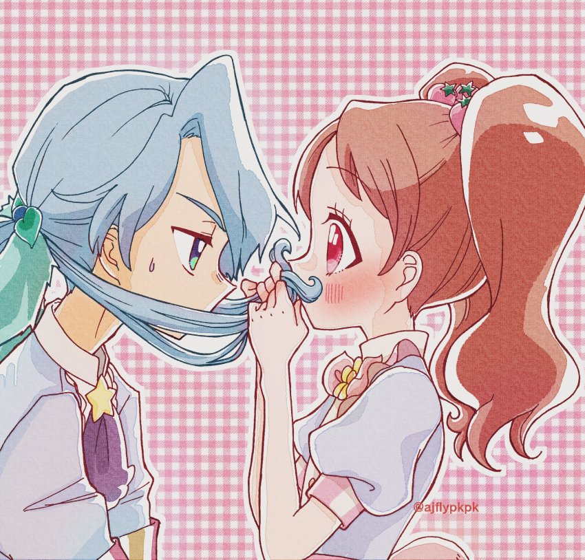1boy, 1girl, aji_fry, aqua_eyes, ascot, blue_dress, blue_hair, blush