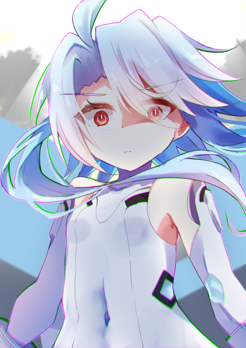 absurdres, ahoge, bare_shoulders, blanc_(neptunia), blue_hair, bodysuit, breasts, frown