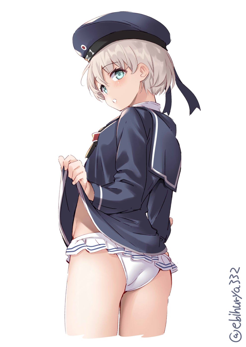 1girl, aqua_eyes, ass, bikini, bikini_bottom_only, bikini_under_clothes, blue_hat, blue_shirt