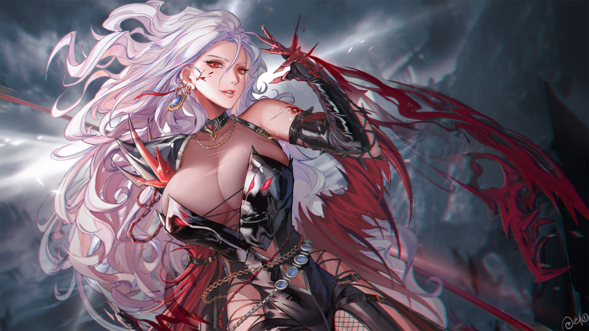 1girl, armor, armpits, bare_shoulders, belt, blood, breasts, choker, cleavage, collarbone, demon_slayer_(dungeon_and_fighter), dungeon_and_fighter, earrings, elbow_gloves, eyebrows, eyelashes, female_slayer_(dungeon_and_fighter), gloves, highres, jewelry, large_breasts, long_hair, necklace, red_eyes, shoulder_armor, solo, torn_clothes, tsuki_no_i-min, white_hair