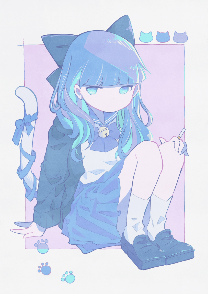 1girl, absurdres, aqua_hair, awaya_yawako, black_shoes, blue_bow, blue_ribbon, blue_sailor_collar