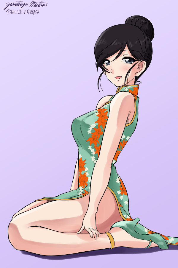 1girl, artist_name, black_eyes, black_hair, blush, china_dress, chinese_clothes, commentary