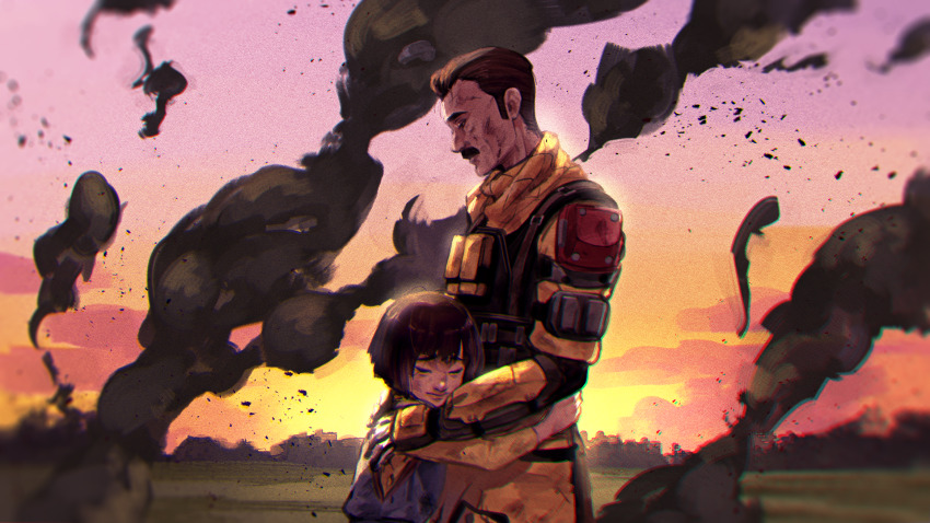 1boy, 1girl, aged_down, apex_legends, black_hair, bossan_3310, brown_eyes, facial_hair