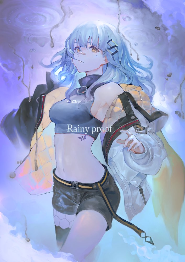 1girl, armpits, asymmetrical_legwear, bandaid, bandaid_on_face, bare_shoulders, belt, breasts