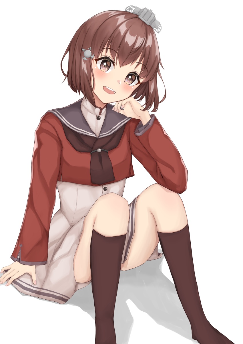 1girl, absurdres, black_socks, brown_eyes, brown_hair, brown_neckerchief, commentary_request, dress, grey_sailor_collar, hair_ornament, hairclip, headgear, highres, kantai_collection, kneehighs, looking_at_viewer, namakarashi, neckerchief, red_shirt, sailor_collar, sailor_shirt, shirt, short_hair, simple_background, sitting, socks, solo, tan_yang_(kancolle), white_background, white_dress, yukikaze_(kancolle)
