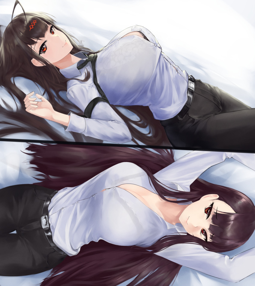 2girls, absurdres, belt, black_belt, black_neckwear, black_pants, blouse, bra_visible_through_clothes