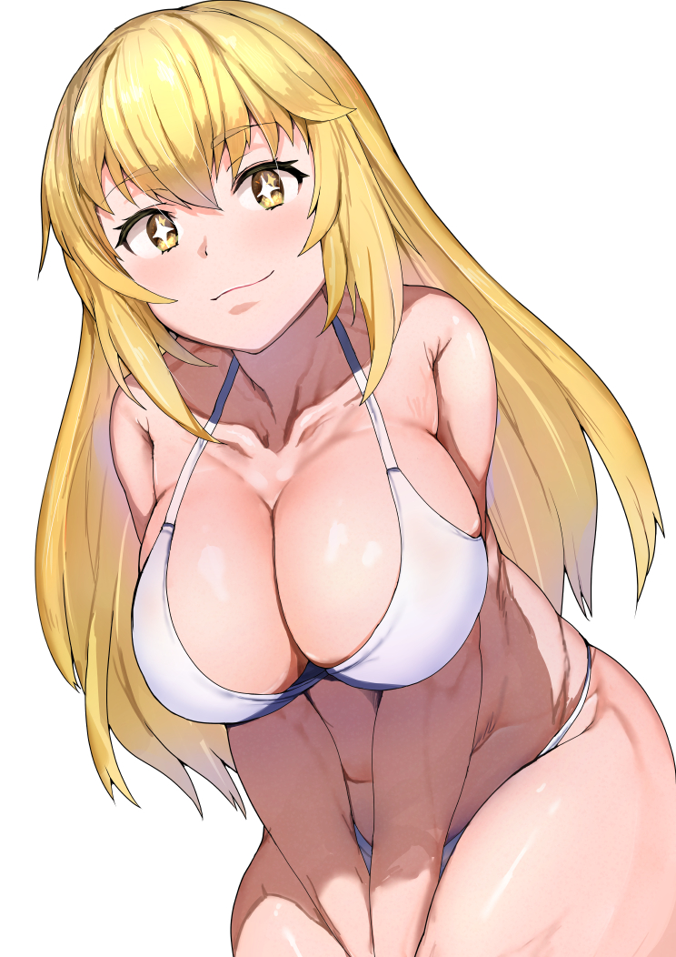 +_+, 1girl, bikini, blonde_hair, breasts, closed_mouth, collarbone, commentary_request