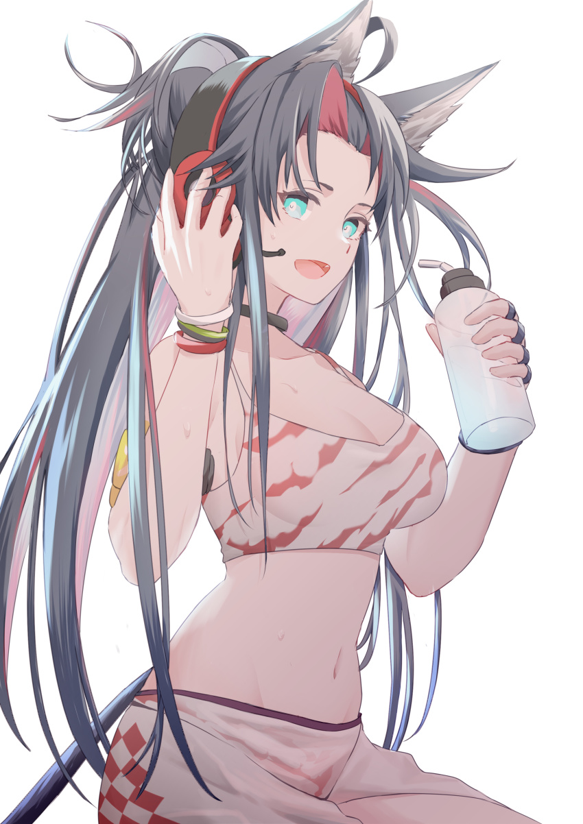 1girl, :d, absurdres, animal_ears, arknights, bare_arms, bare_shoulders, black_hair