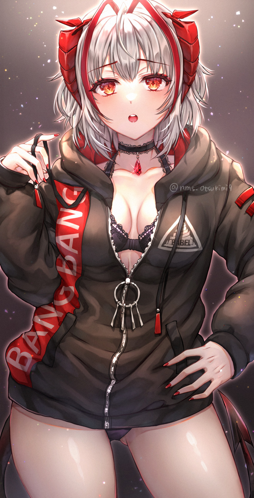 1girl, :o, absurdres, arknights, black_bra, black_jacket, black_panties, blush