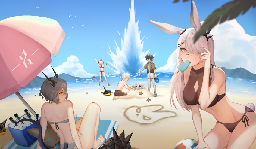 1other, 2boys, 4girls, absurdres, animal_ears, arknights, bare_legs, bare_shoulders