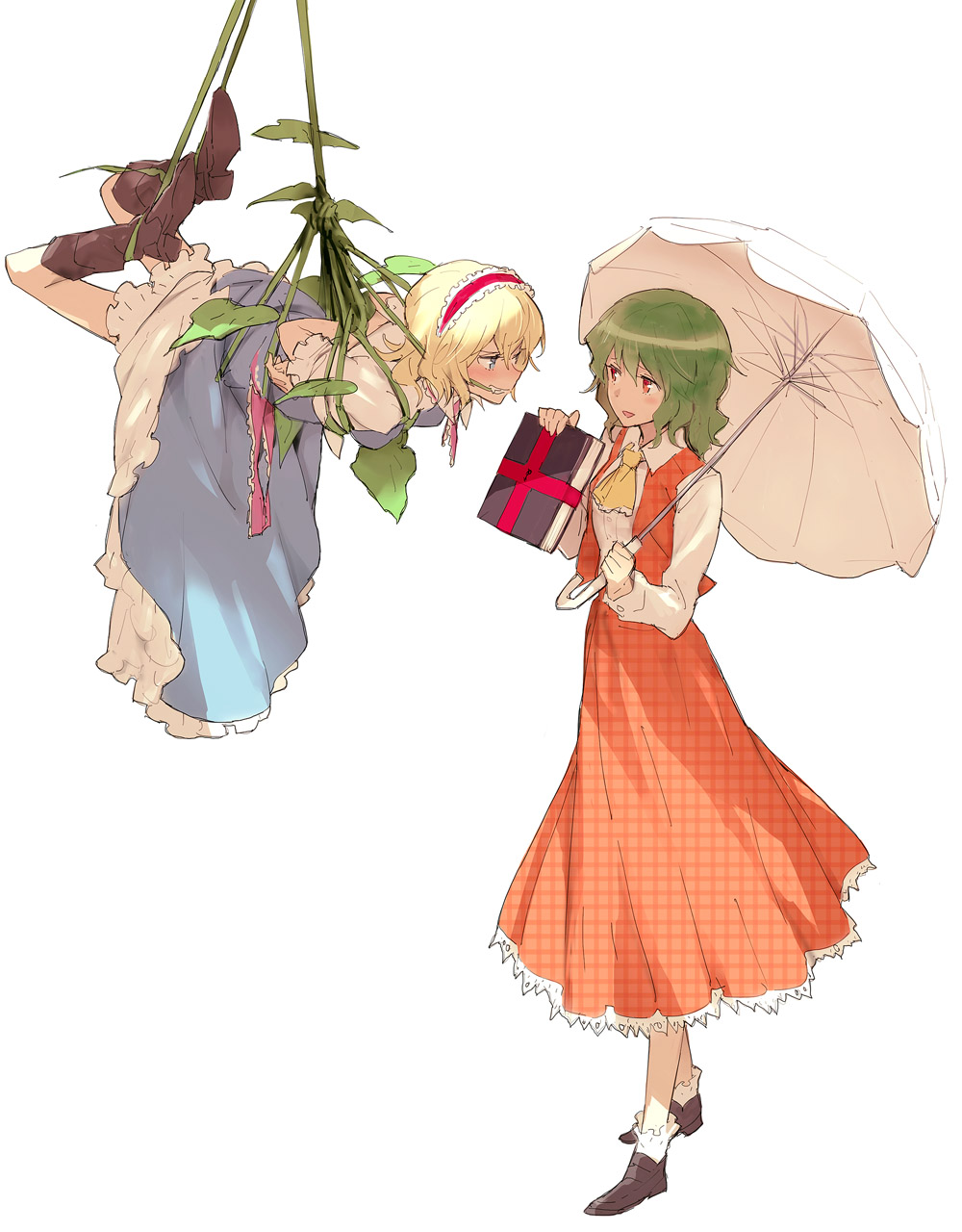 2girls, alice_margatroid, ascot, bdsm, blush, bondage, book, boots, bound, eye_contact, female_focus, femdom, gag, gagged, green_hair, grimoire_of_alice, hairband, helpless, highres, hogtie, kazami_yuuka, looking_at_another, minakata_sunao, multiple_girls, parasol, plaid_clothes, plaid_skirt, plaid_vest, plant, red_eyes, short_hair, skirt, skirt_set, suspension, touhou, umbrella, unmoving_pattern, vest, vines, yuri