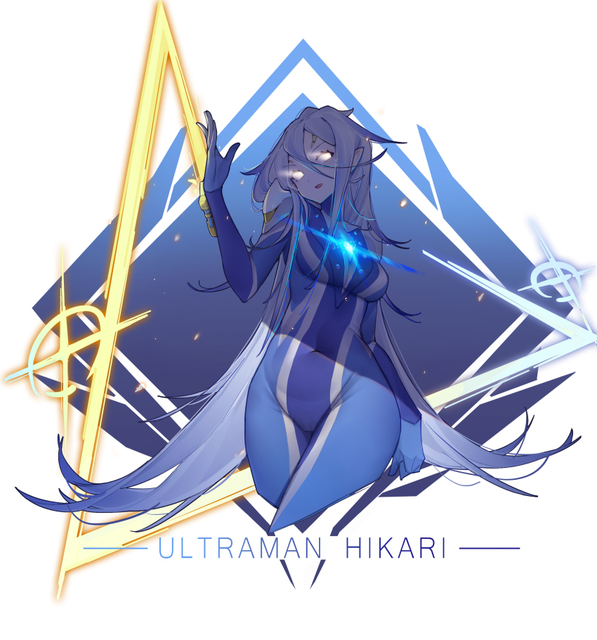 1girl, absurdres, arm_blade, armor, bodysuit, breasts, character_name, cleavage, energy, energy_sword, energy_weapon, gem, gender_request, genderswap, glowing, glowing_eyes, groin, guguguxuegege, hand_up, highres, knight_beam_blade, large_breasts, laser_sword, long_hair, navel, open_mouth, solo, standing, sword, ultra_series, ultraman, ultraman_hikari, very_long_hair, weapon, white_hair, wrist_blades, yellow_eyes