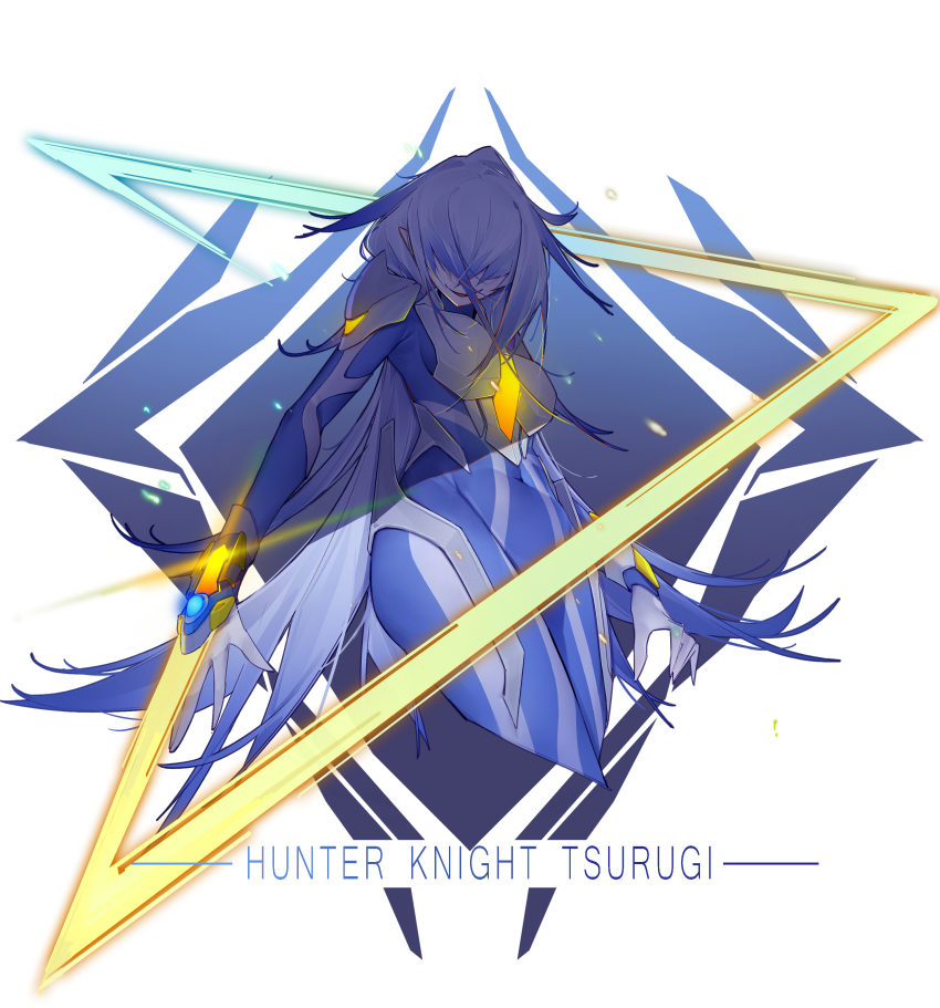 1girl, absurdres, arm_blade, armor, blue_hair, bodysuit, breasts, character_name, energy, energy_sword, energy_weapon, gem, gender_request, genderswap, groin, guguguxuegege, hand_up, highres, hunter_knight_tsurugi, knight_beam_blade, large_breasts, laser_sword, long_hair, navel, open_mouth, solo, standing, sword, ultra_series, ultraman, ultraman_hikari, very_long_hair, weapon, white_hair, wrist_blades, yellow_eyes