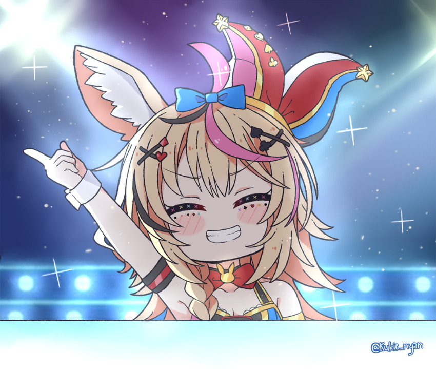 1girl, ^_^, animal_ears, arm_strap, battle_lover_epinard, black_hair, blonde_hair, blurry, blush_stickers, bokeh, braid, chibi, closed_eyes, commentary, depth_of_field, english_commentary, facial_mark, fox_ears, fox_girl, grin, hair_ornament, hair_over_shoulder, hat, hololive, index_finger_raised, jester_cap, kukie-nyan, long_hair, multicolored_hair, omaru_polka, omaru_polka_(1st_costume), pink_hair, playing_card_theme, pointing, pointing_up, sailor_collar, single_braid, sleeve_cuffs, smile, solo, sparkle, stage, streaked_hair, tilted_headwear, twitter_username, upper_body, virtual_youtuber, x_hair_ornament