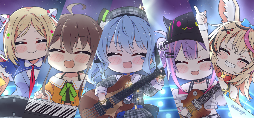 5girls, :d, ^_^, ahoge, aki_rosenthal, aki_rosenthal_(1st_costume), animal_ears, arm_strap, bare_shoulders, baseball_cap, bass_guitar, battle_lover_epinard, beret, bibi_(tokoyami_towa), black_camisole, black_choker, black_hair, black_headwear, black_ribbon, black_shorts, black_tank_top, blonde_hair, blue_hair, blue_jacket, blurry, blush_stickers, bob_cut, bokeh, braid, brown_hair, camisole, cat_hair_ornament, chibi, choker, closed_eyes, collarbone, commentary, crop_top, cropped_jacket, crown, depth_of_field, naturally_detached_hair, dress, drum, drum_set, ear_piercing, elbow_gloves, electric_guitar, english_commentary, facial_mark, fang, fox_ears, fox_girl, gloves, green_neckwear, grey_dress, guitar, hair_ornament, hair_over_shoulder, hair_ribbon, hairclip, halterneck, hat, headgear, highres, holding, holding_instrument, hololive, hoshimachi_suisei, hoshimachi_suisei_(1st_costume), index_finger_raised, instrument, jacket, jester_cap, keyboard_(instrument), kukie-nyan, long_hair, long_sleeves, low_twintails, multicolored_hair, multiple_girls, music, natsuiro_matsuri, natsuiro_matsuri_(1st_costume), neck_ribbon, necktie, o-ring, o-ring_choker, off-shoulder_jacket, off_shoulder, omaru_polka, omaru_polka_(1st_costume), open_mouth, orange_jacket, parted_bangs, piercing, pink_hair, plaid_clothes, plaid_dress, playing_card_theme, playing_instrument, pointing, pointing_up, pointy_ears, purple_hair, red_neckwear, ribbon, sailor_collar, short_dress, short_hair, short_sleeves, shorts, shrug_(clothing), side_ponytail, sidelocks, single_braid, sleeve_cuffs, smile, sparkle, stage, streaked_hair, tank_top, tilted_headwear, tokoyami_towa, twintails, twitter_username, upper_body, virtual_youtuber, white_gloves, white_jacket, x_hair_ornament