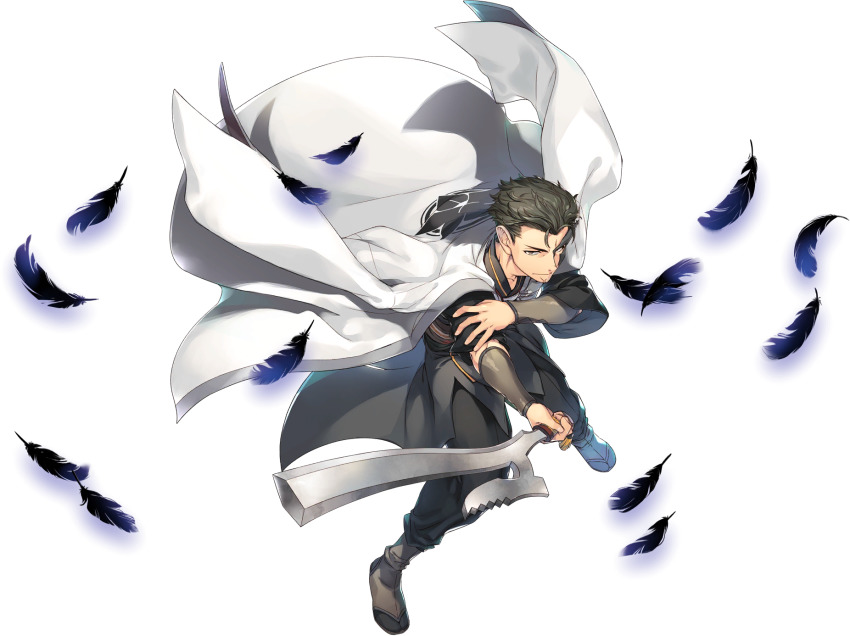 1boy, akuta_(utawarerumono:_lost_flag), amazuyu_tatsuki, aquaplus, black_feathers, blue_feathers, brown_eyes, brown_hair