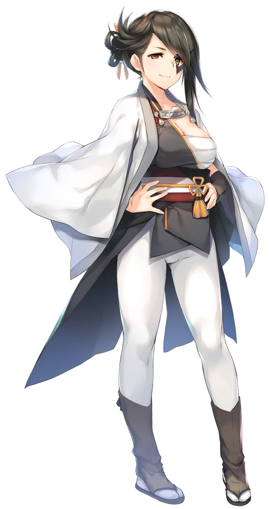 1girl, akuta_(utawarerumono:_lost_flag), aquaplus, breasts, brown_eyes, brown_hair, closed_mouth, coat, gender_request, genderswap, genderswap_(mtf), hands_on_own_hips, highres, japanese_clothes, kawata_hisashi, large_breasts, looking_at_viewer, medium_hair, official_art, smile, transparent_background, utawarerumono, utawarerumono:_lost_flag