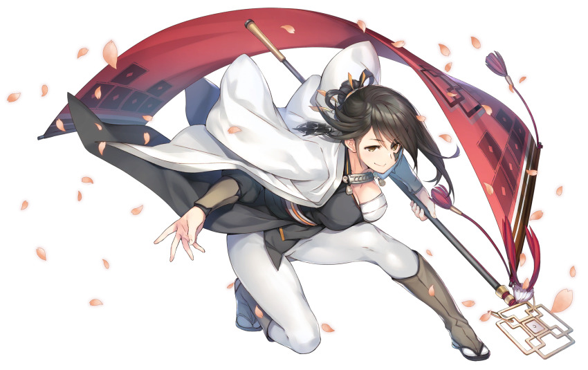 akuta_(utawarerumono:_lost_flag), aquaplus, breasts, brown_eyes, brown_hair, gender_request, genderswap, genderswap_(mtf), hair_between_eyes, hair_ornament, highres, holding, holding_weapon, japanese_clothes, kawata_hisashi, large_breasts, long_bangs, looking_at_viewer, medium_hair, official_art, petals, transparent_background, utawarerumono, utawarerumono:_lost_flag, weapon
