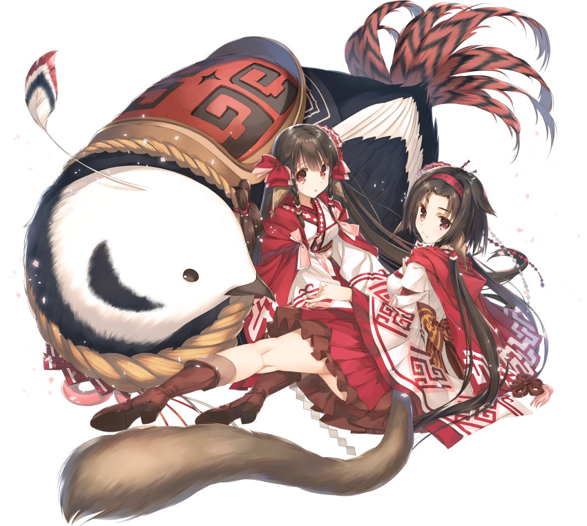 2girls, animal, animal_ears, aquaplus, bird, black_feathers, boots, braid