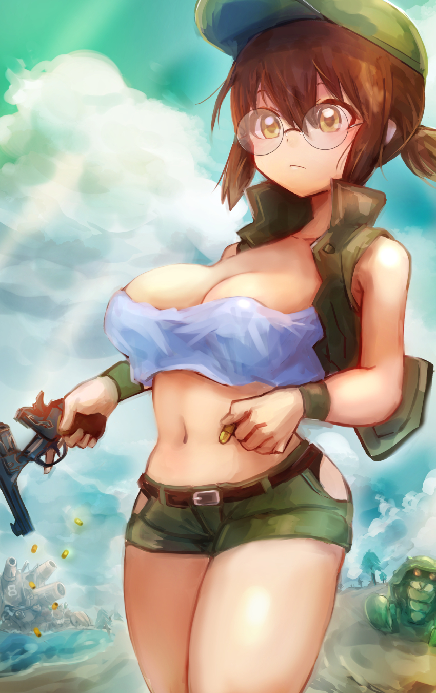 1girl, absurdres, baseball_cap, belt, black_belt, black_panties, blue_sky, breasts, brown_eyes, brown_hair, cleavage, closed_mouth, clothing_cutout, cloud, cowboy_shot, crop_top, fio_germi, glasses, green_headwear, green_jacket, green_shorts, gun, handgun, hat, hatano_kiyoshi, highres, hip_vent, holding, holding_gun, holding_weapon, huge_hermit, jacket, large_breasts, metal_slug, micro_shorts, midriff, navel, outdoors, panties, revolver, round_eyewear, short_hair, shorts, sidelocks, sky, sleeveless, sleeveless_jacket, standing, tank_top, trigger_discipline, underwear, weapon, white_tank_top