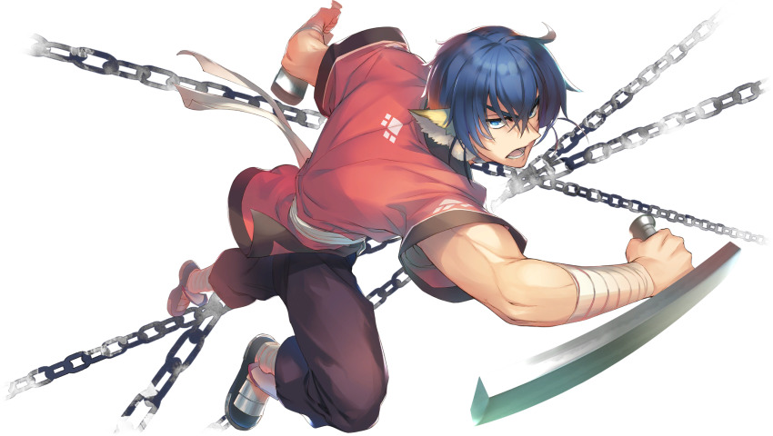1boy, amazuyu_tatsuki, animal_ears, aquaplus, blue_eyes, blue_hair, chain, choker, derihourai, from_side, highres, holding, holding_weapon, looking_at_viewer, muscular, muscular_male, official_art, serious, tonfa, transparent_background, utawarerumono, utawarerumono:_lost_flag, weapon