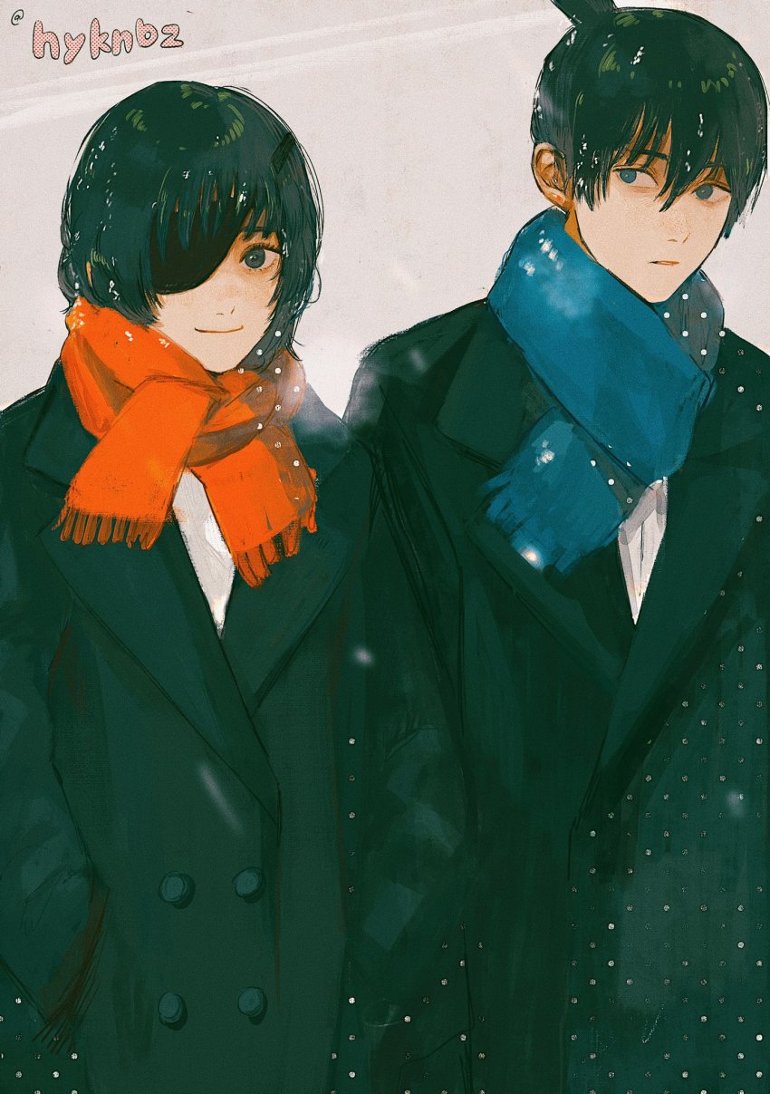 1boy, 1girl, black_coat, black_eyes, blue_eyes, blue_scarf, blurry, blurry_foreground