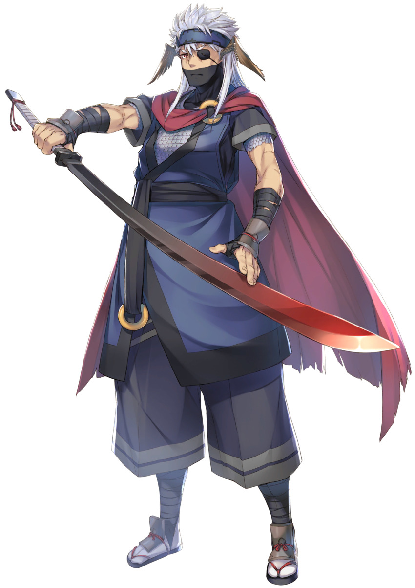 1boy, animal_ears, aquaplus, cape, closed_mouth, eyepatch, face_mask, full_body, headband, hien_(utawarerumono), highres, holding, holding_sword, holding_weapon, katana, kawata_hisashi, long_hair, looking_at_viewer, male_focus, mask, mouth_mask, official_art, old, old_man, red_cape, red_eyes, solo, sword, transparent_background, utawarerumono, utawarerumono:_lost_flag, weapon, white_hair, wrinkled_skin