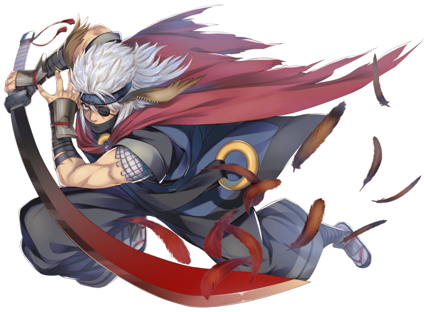 1boy, aquaplus, cape, closed_mouth, eyepatch, face_mask, feathers, from_above, headband, hien_(utawarerumono), holding, holding_sword, holding_weapon, katana, kawata_hisashi, long_hair, looking_at_viewer, mask, mouth_mask, muscular, muscular_male, official_art, old, old_man, red_cape, red_eyes, serious, sword, transparent_background, utawarerumono, utawarerumono:_lost_flag, weapon, white_hair, wrinkled_skin