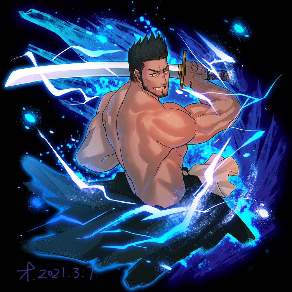 1boy, bara, beard, black_kimono, bleach, cropped_legs, dated, facial_hair
