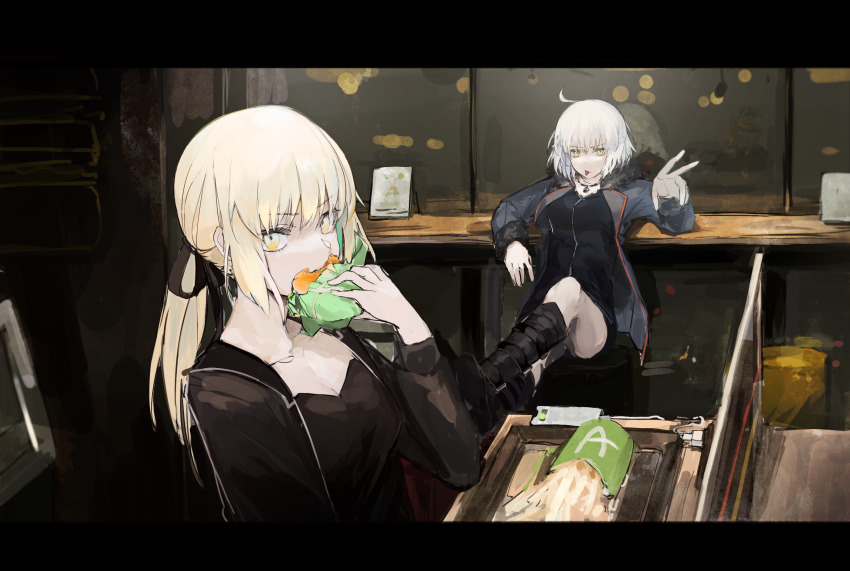 2girls, :p, artoria_pendragon_(fate), blonde_hair, boots, breasts, burger, eating, fate/grand_order, fate/stay_night, fate_(series), food, french_fries, highres, jacket, jeanne_d'arc_(fate), jeanne_d'arc_alter_(avenger)_(fate), jeanne_d'arc_alter_(fate), jeanne_d'arc_alter_(ver._shinjuku_1999)_(fate), jewelry, long_hair, looking_at_viewer, multiple_girls, necklace, official_alternate_costume, ponytail, saber_alter, saber_alter_(ver._shinjuku_1999), saber_alter_(ver._shinjuku_1999)_(fate), short_hair, sitting, tongue, tongue_out, white_hair, yellow_eyes, yorurokujuu