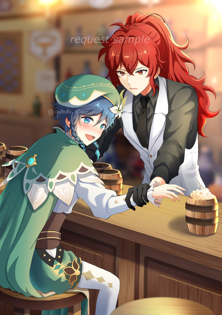 2boys, androgynous, argyle_clothes, argyle_legwear, beer_mug, beret, black_gloves, black_hair