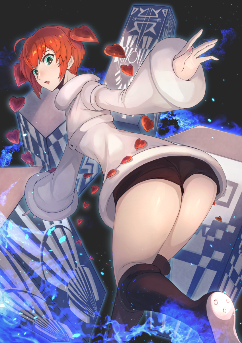 1girl, ahoge, android, black_background, black_footwear, black_shorts, blue_eyes, blue_fire