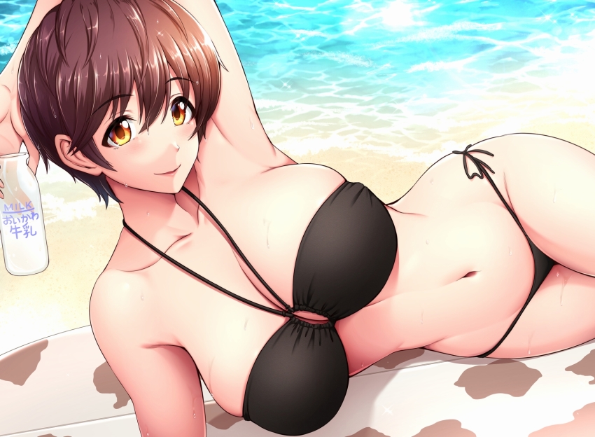 1girl, bare_shoulders, beach, bikini, black_bikini, blush, bottle, breasts