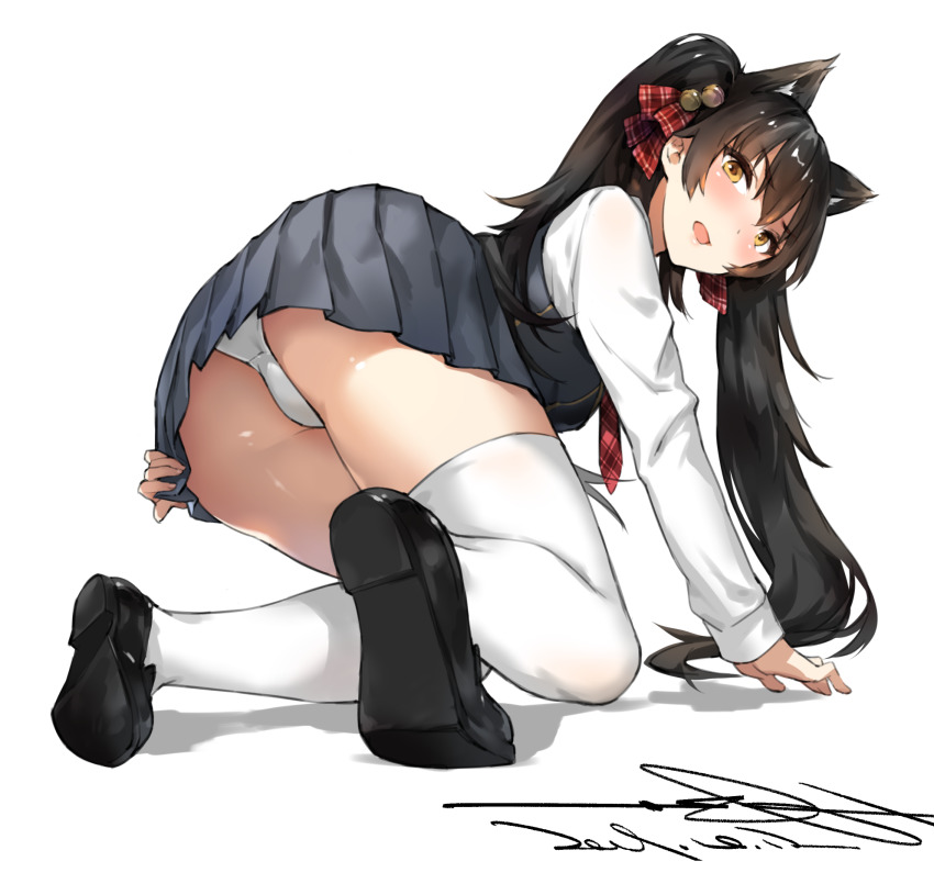 1girl, all_fours, alternate_costume, animal_ears, ass, bell, black_shoes, blush