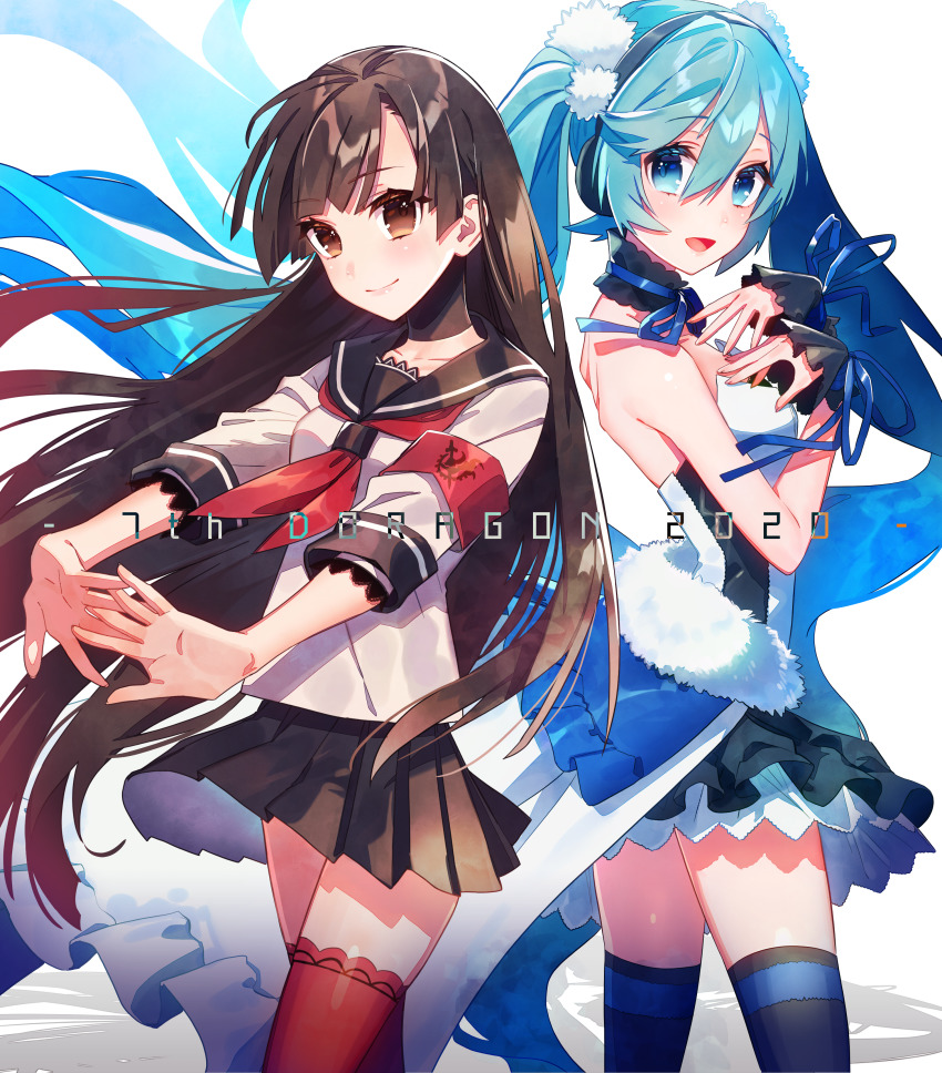 2girls, 7th_dragon_(series), 7th_dragon_2020, :d, absurdres, aqua_eyes, aqua_hair, armband, back-to-back, bare_shoulders, black_choker, black_legwear, black_sailor_collar, black_skirt, blue_ribbon, blunt_bangs, breasts, brown_eyes, brown_hair, choker, closed_mouth, collarbone, commentary_request, copyright_name, cowboy_shot, dress, hair_between_eyes, hands_on_own_chest, hatsune_miku, hazuki_mizuho, headphones, highres, interlocked_fingers, katanako, long_hair, looking_at_viewer, multiple_girls, neckerchief, open_mouth, own_hands_together, pom_pom_(clothes), red_legwear, red_neckerchief, ribbon, ribbon_choker, romaji_text, sailor_collar, samurai_(7th_dragon), school_uniform, serafuku, shadow, short_sleeves, sidelocks, simple_background, skindentation, skirt, sleeveless, small_breasts, smile, standing, strapless, strapless_dress, thighhighs, twintails, very_long_hair, vocaloid, waist_cape, white_background, white_dress, wrist_wrap, zettai_ryouiki