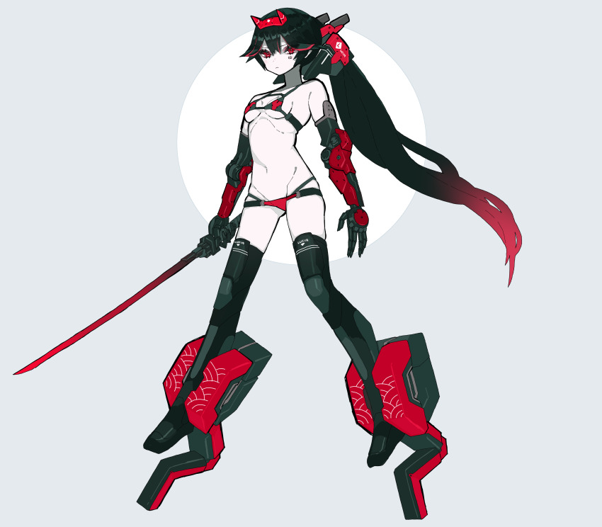 1girl, absurdres, bikini, black_hair, black_thighhighs, breasts, circle, full_body, gloves, gradient_hair, grey_background, highres, holding, holding_sword, holding_weapon, long_hair, looking_at_viewer, lucia_(pgr), medium_breasts, multicolored_hair, muzinneki, navel, pale_skin, punishing:_gray_raven, red_eyes, red_hair, shadow, solo, standing, stilts, swimsuit, sword, thighhighs, very_long_hair, weapon