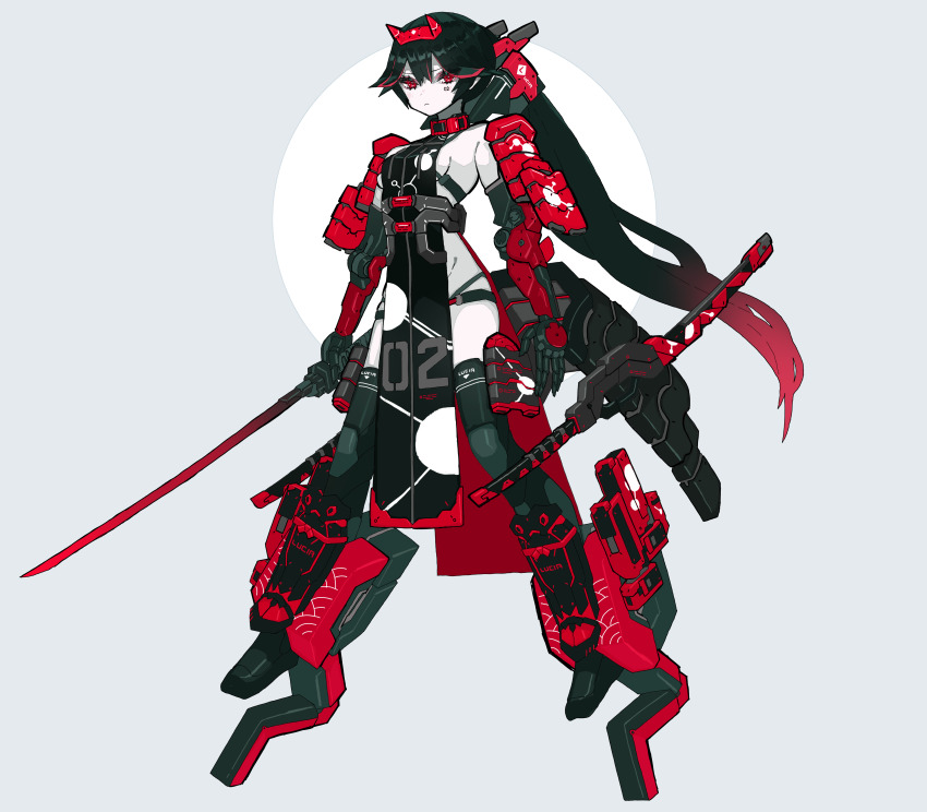 1girl, absurdres, black_hair, black_thighhighs, circle, full_body, gloves, gradient_hair, grey_background, highres, holding, holding_sword, holding_weapon, long_hair, looking_at_viewer, lucia_(pgr), multicolored_hair, muzinneki, pale_skin, punishing:_gray_raven, red_eyes, red_hair, solo, standing, stilts, sword, tabard, thighhighs, very_long_hair, weapon