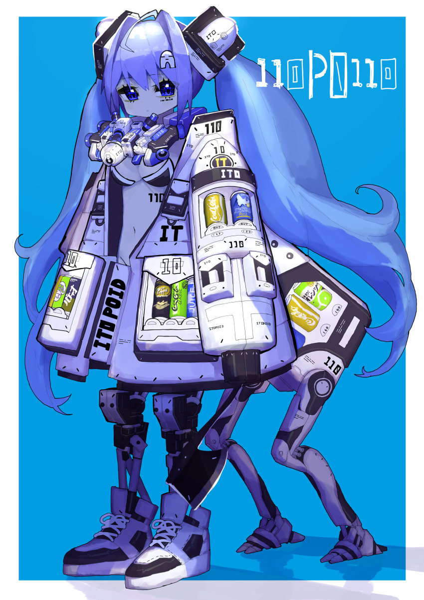 1girl, absurdres, axe, blue_background, blue_eyes, blue_hair, breasts, commission