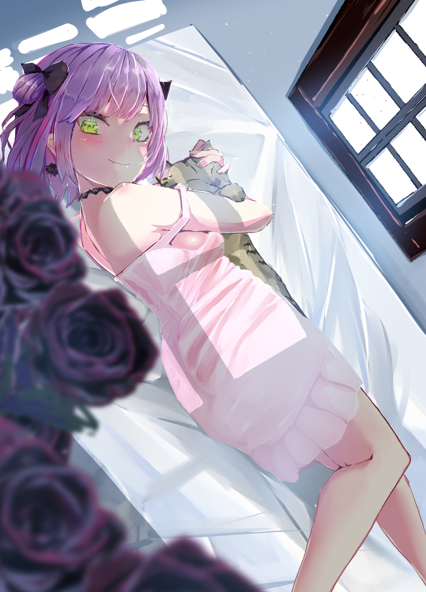 1girl, absurdres, animal, back, blush, cat, dress, flower