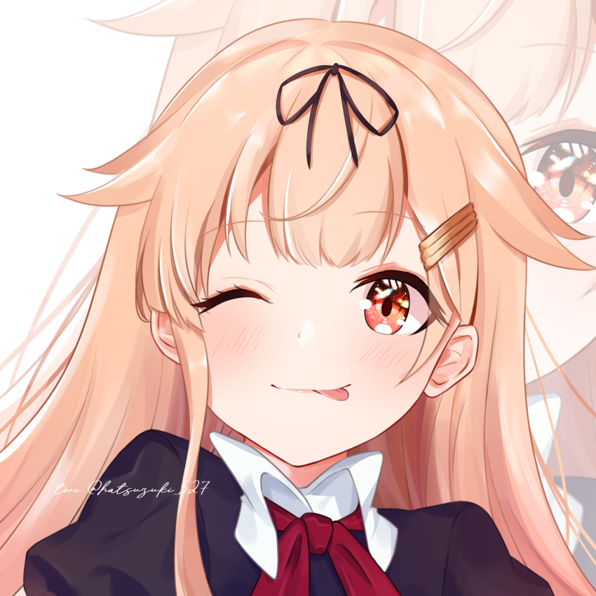 1girl, alternate_costume, black_dress, black_ribbon, blonde_hair, dress, hair_flaps, hair_ornament, hair_ribbon, hairclip, hatsuzuki_527, highres, kantai_collection, long_hair, red_eyes, ribbon, solo, twitter_username, upper_body, yuudachi_(kancolle), yuudachi_kai_ni_(kancolle)