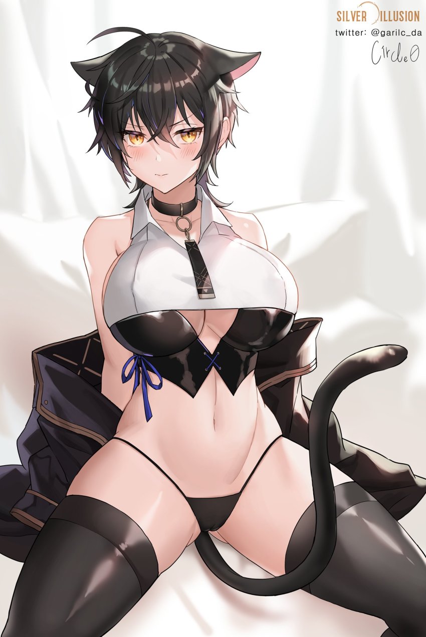1girl, animal_ears, black_hair, black_thighhighs, breasts, cat_ears, cat_tail, cleavage